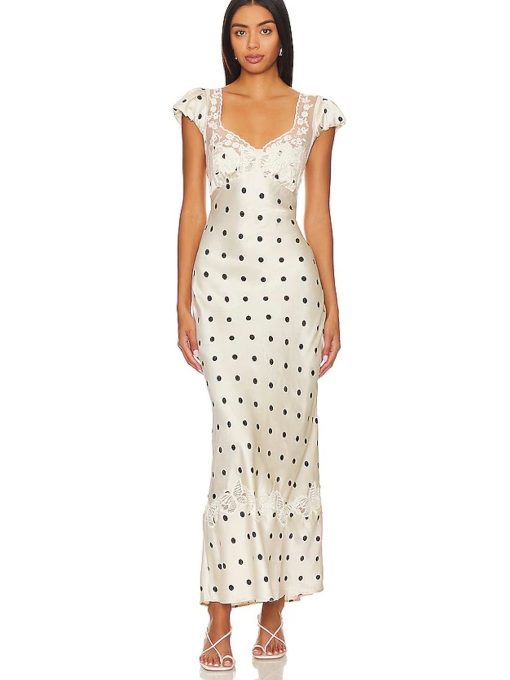Free People Ivory Satin Polka Dot Lace-Trim Maxi Dress